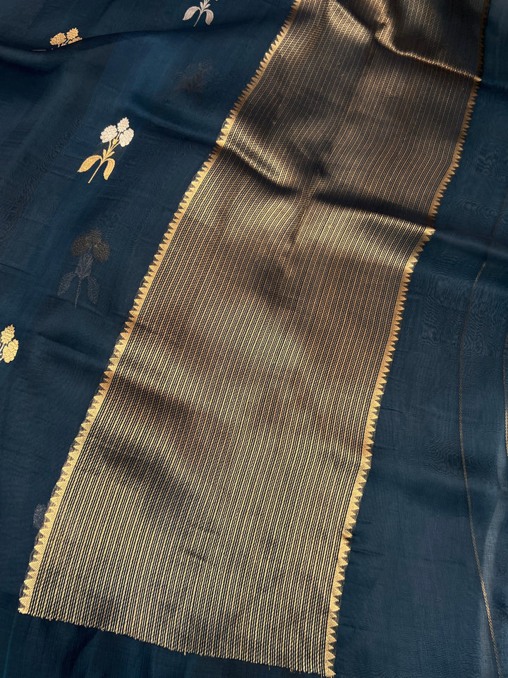 Teal Blue Pure Kora Silk Handloom Banarasi Saree