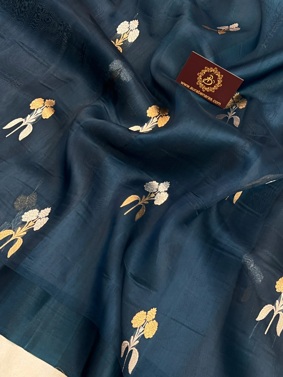 Teal Blue Pure Kora Silk Handloom Banarasi Saree