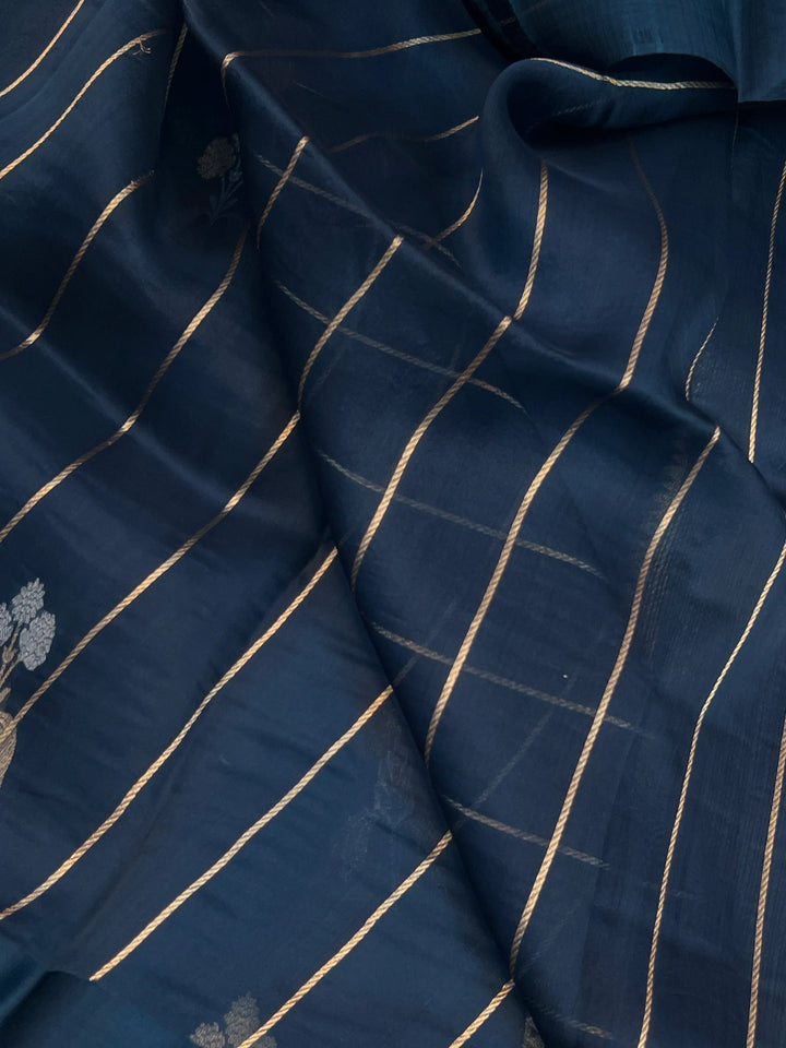 Teal Blue Pure Kora Silk Handloom Banarasi Saree