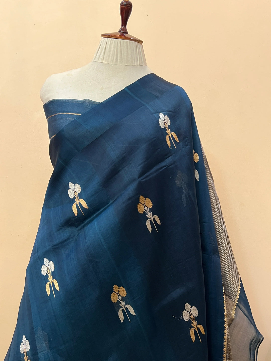 Teal Blue Pure Kora Silk Handloom Banarasi Saree