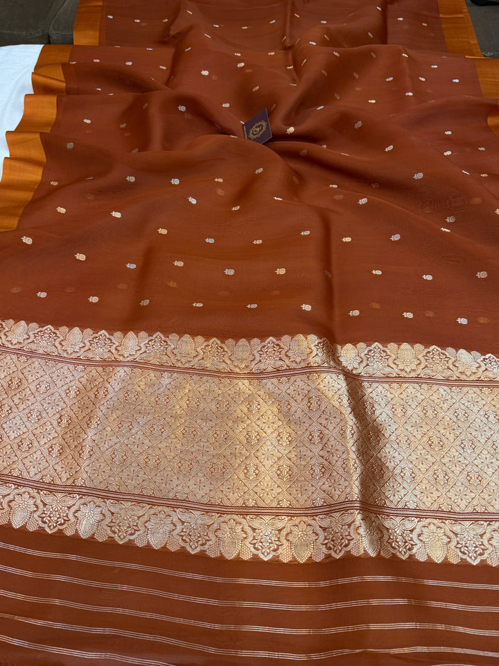 Rust Orange Pure Kora Silk Handloom Banarasi Saree