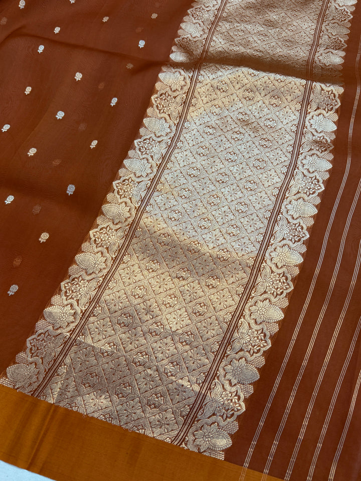Rust Orange Pure Kora Silk Handloom Banarasi Saree