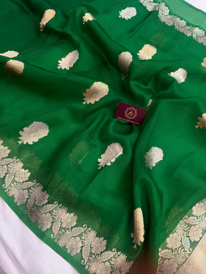 Green Pure Kora Silk Handloom Banarasi Saree