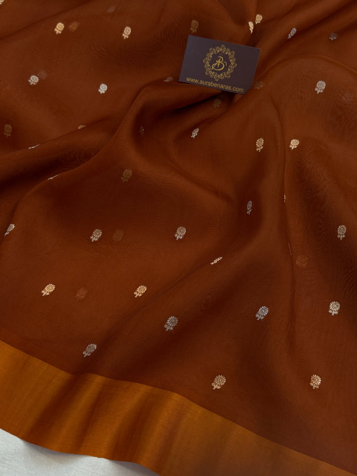 Rust Orange Pure Kora Silk Handloom Banarasi Saree