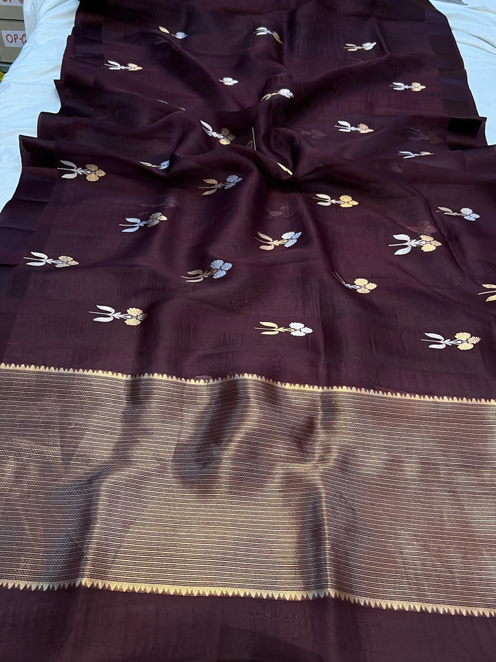 Brown Pure Kora Silk Handloom Banarasi Saree
