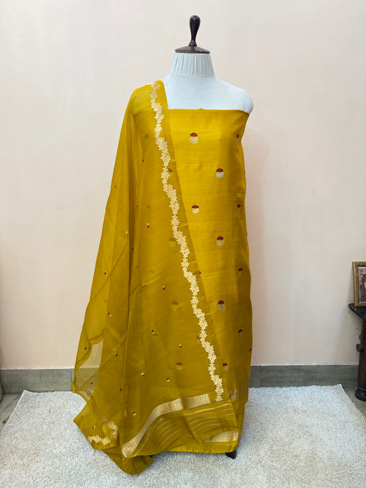 Yellow Banarasi Katan Silk Unstitched Suit – 4 Pc Set