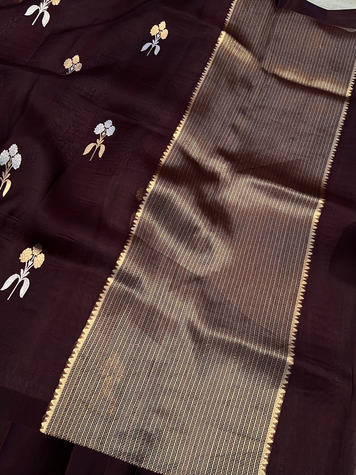 Brown Pure Kora Silk Handloom Banarasi Saree