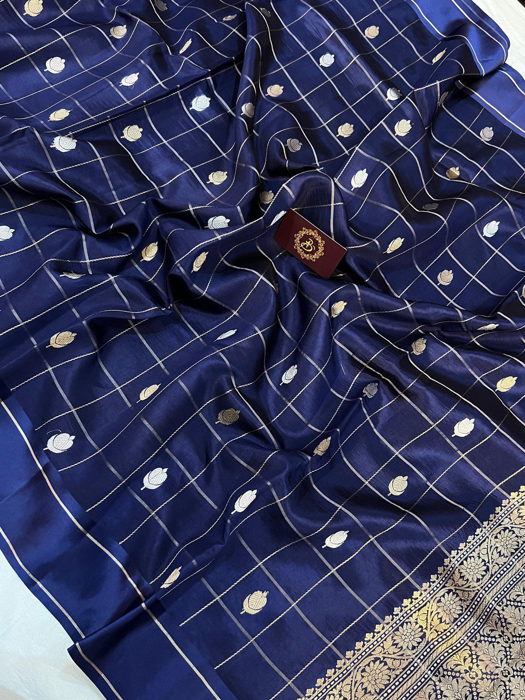 Navy Blue Pure Banarasi Handloom Silk Saree - Aura Benaras