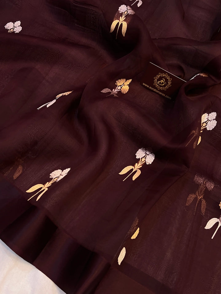 Brown Pure Kora Silk Handloom Banarasi Saree