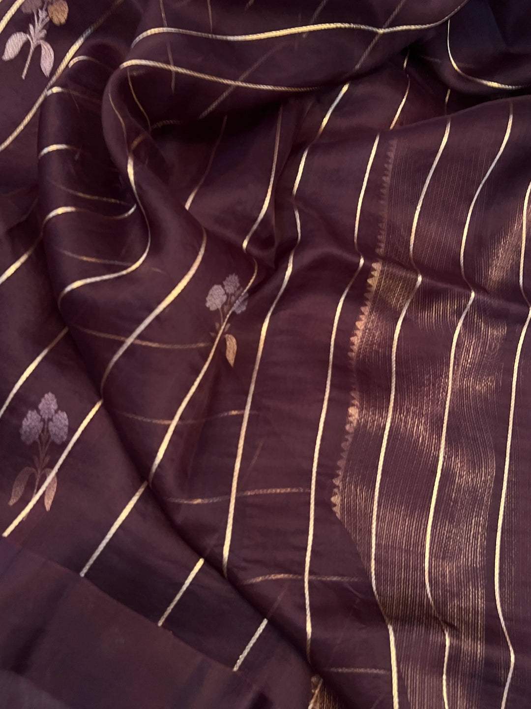 Brown Pure Kora Silk Handloom Banarasi Saree