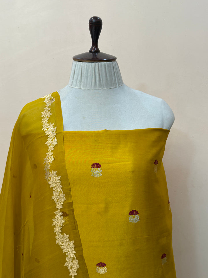 Yellow Banarasi Katan Silk Unstitched Suit – 4 Pc Set