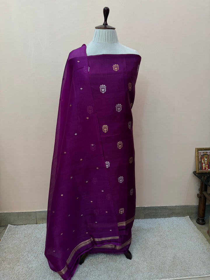 Wine Banarasi Katan Silk Unstitched Suit – 4 Pc Set