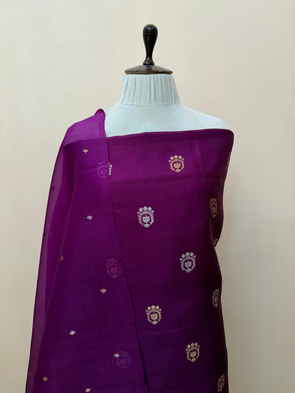 Wine Banarasi Katan Silk Unstitched Suit – 4 Pc Set