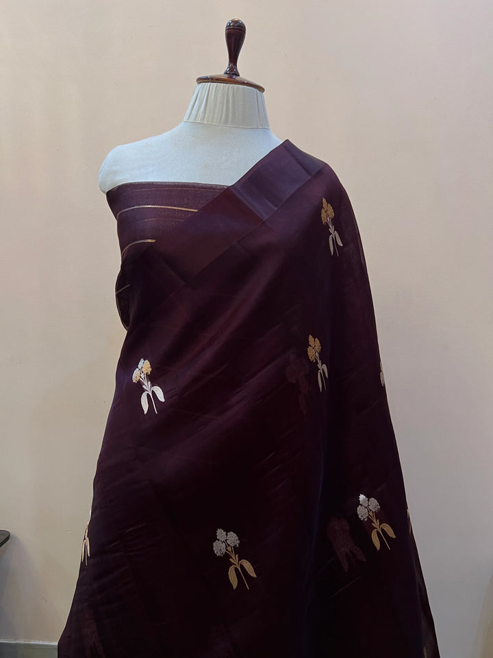 Brown Pure Kora Silk Handloom Banarasi Saree