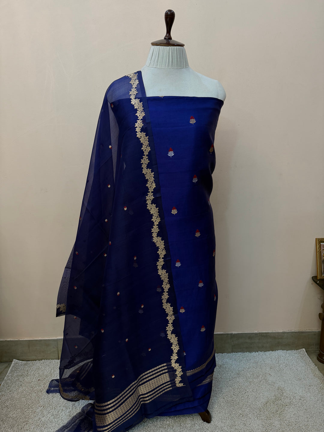 Navy Blue Banarasi Katan Silk Unstitched Suit – 4 Pc Set