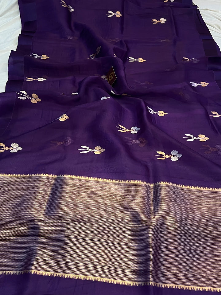 Purple Pure Kora Silk Handloom Banarasi Saree