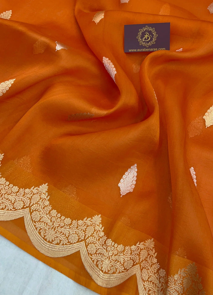 Orange Pure Kora Silk Handloom Banarasi Saree