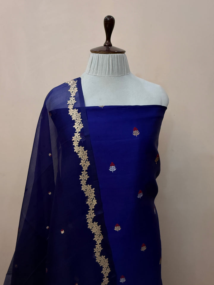 Navy Blue Banarasi Katan Silk Unstitched Suit – 4 Pc Set