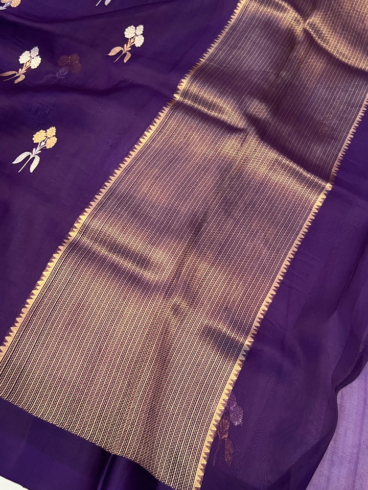 Purple Pure Kora Silk Handloom Banarasi Saree