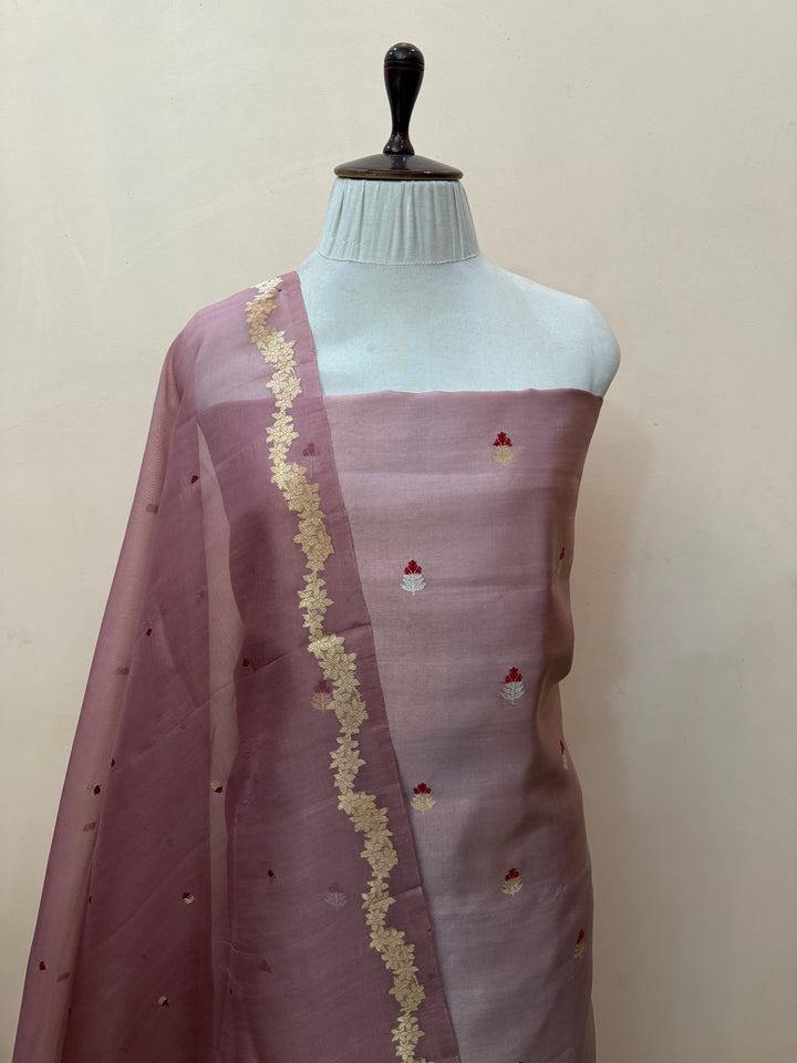 Silken Rasberry Banarasi Katan Silk Unstitched Suit – 4 Pc Set