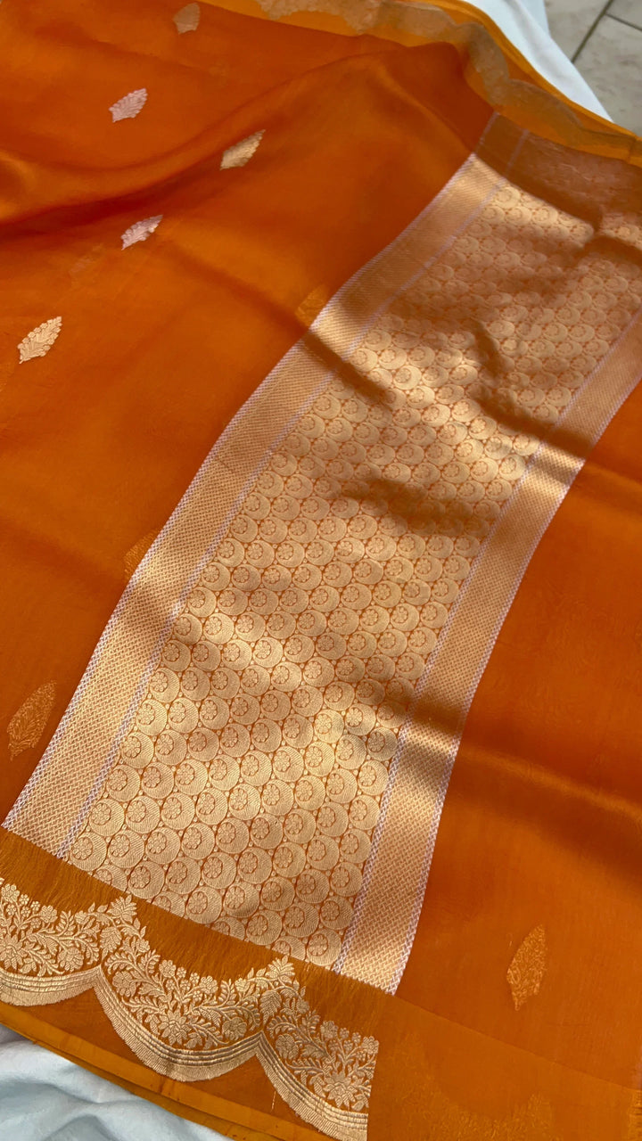 Orange Pure Kora Silk Handloom Banarasi Saree