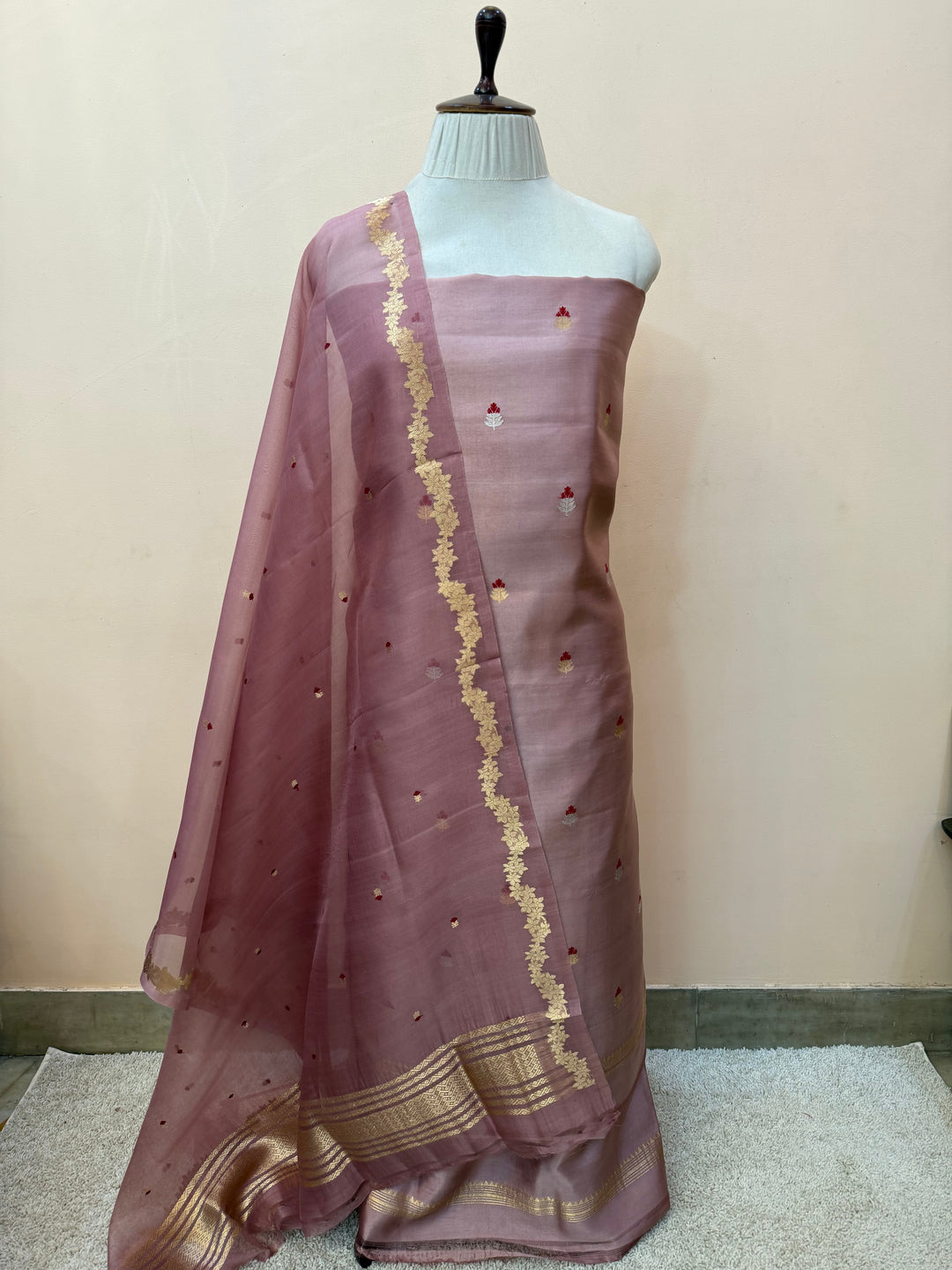 Silken Rasberry Banarasi Katan Silk Unstitched Suit – 4 Pc Set