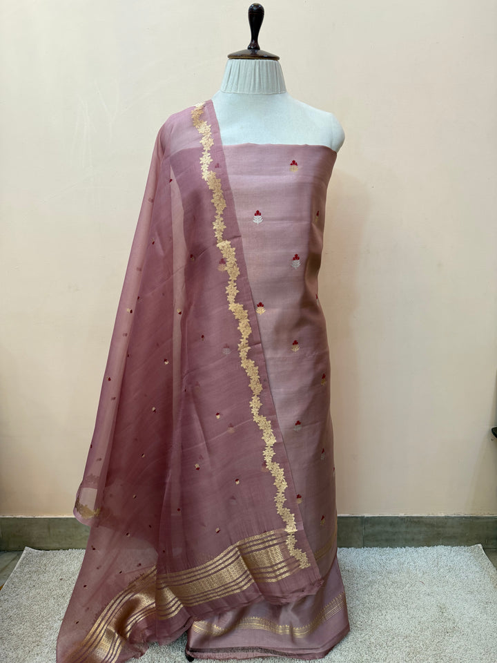 Silken Rasberry Banarasi Katan Silk Unstitched Suit – 4 Pc Set