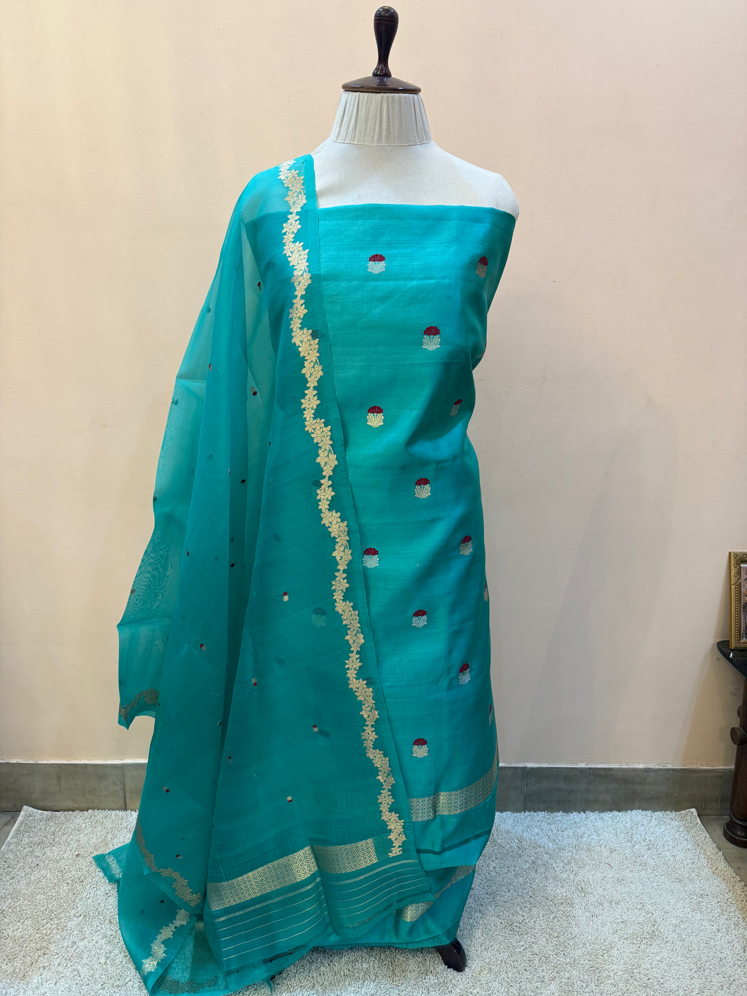 Turquoise Blue Banarasi Katan Silk Unstitched Suit – 4 Pc Set