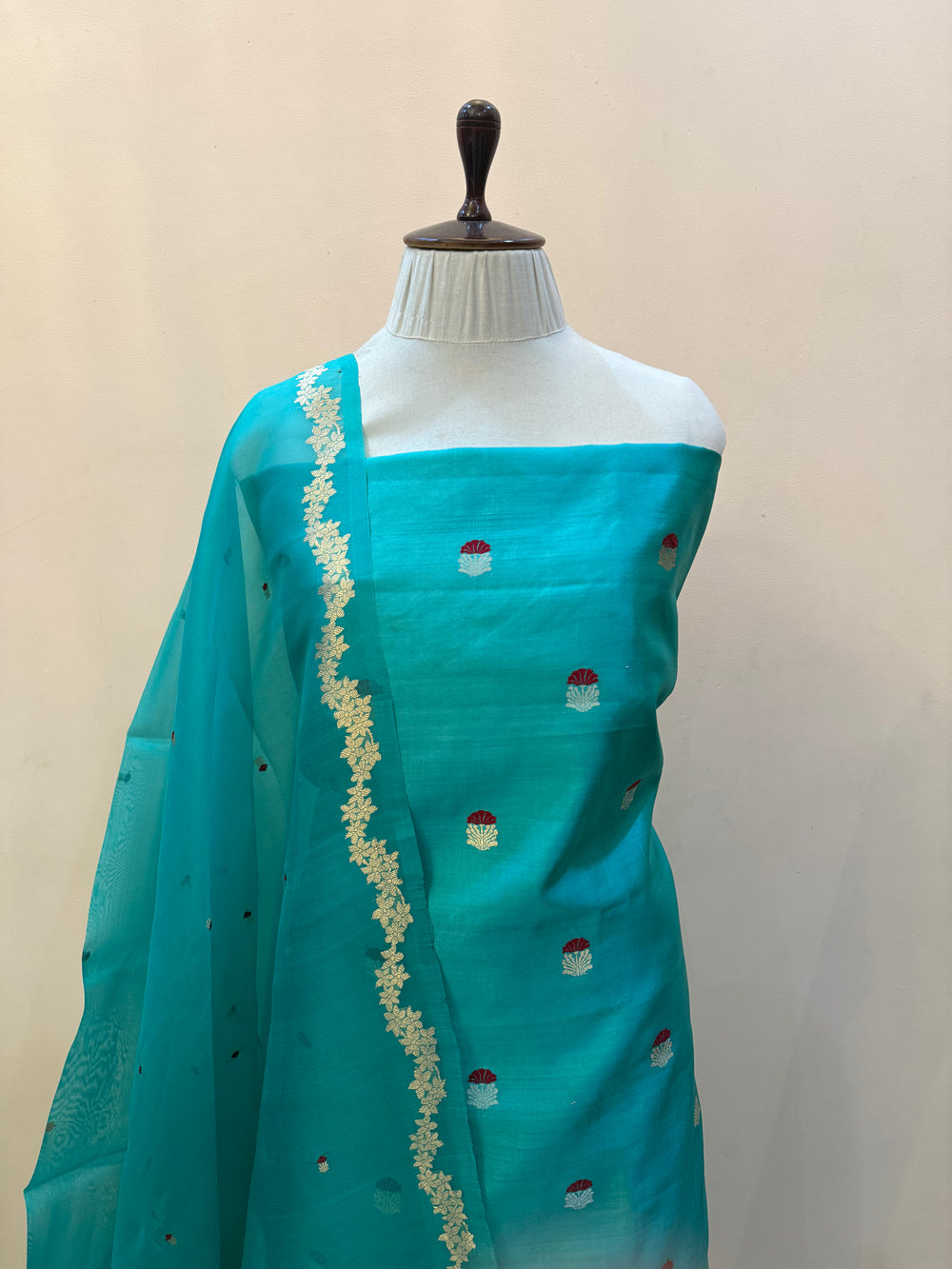 Turquoise Blue Banarasi Katan Silk Unstitched Suit – 4 Pc Set