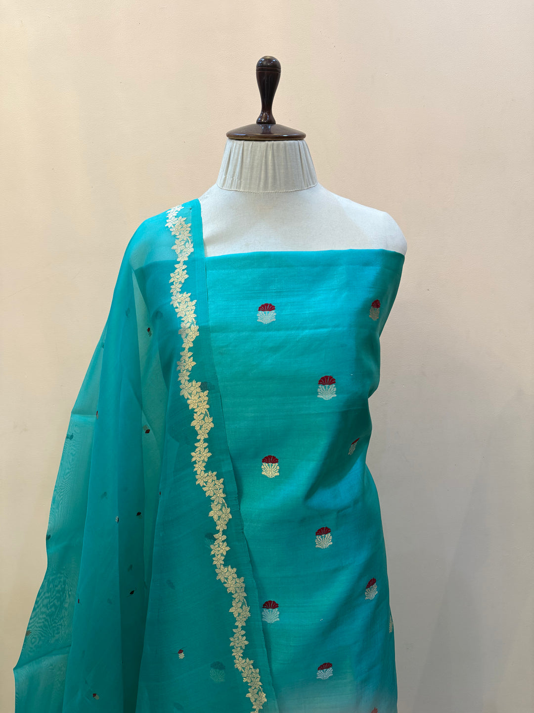 Turquoise Blue Banarasi Katan Silk Unstitched Suit – 4 Pc Set