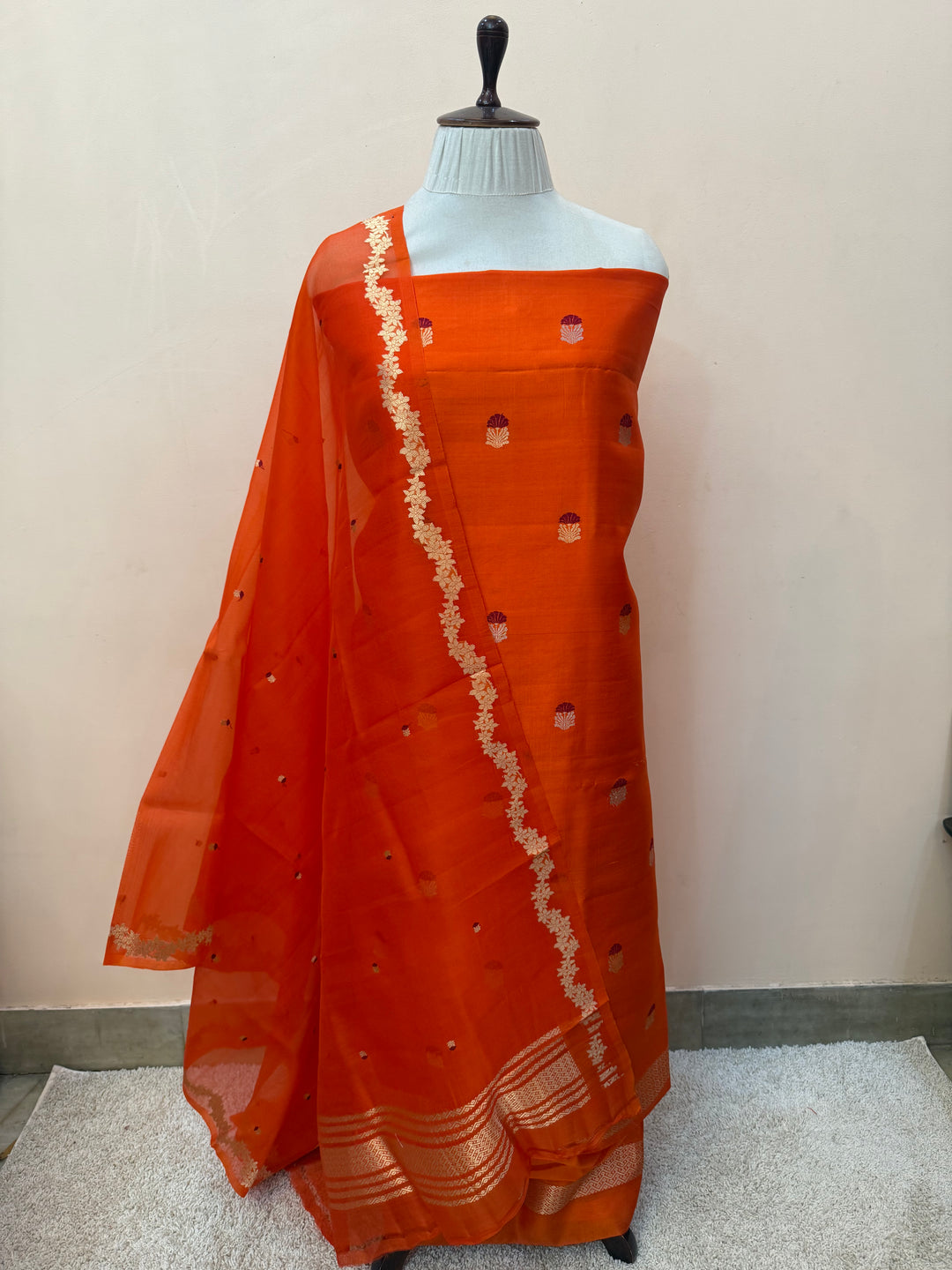 Orange Banarasi Katan Silk Unstitched Suit – 4 Pc Set
