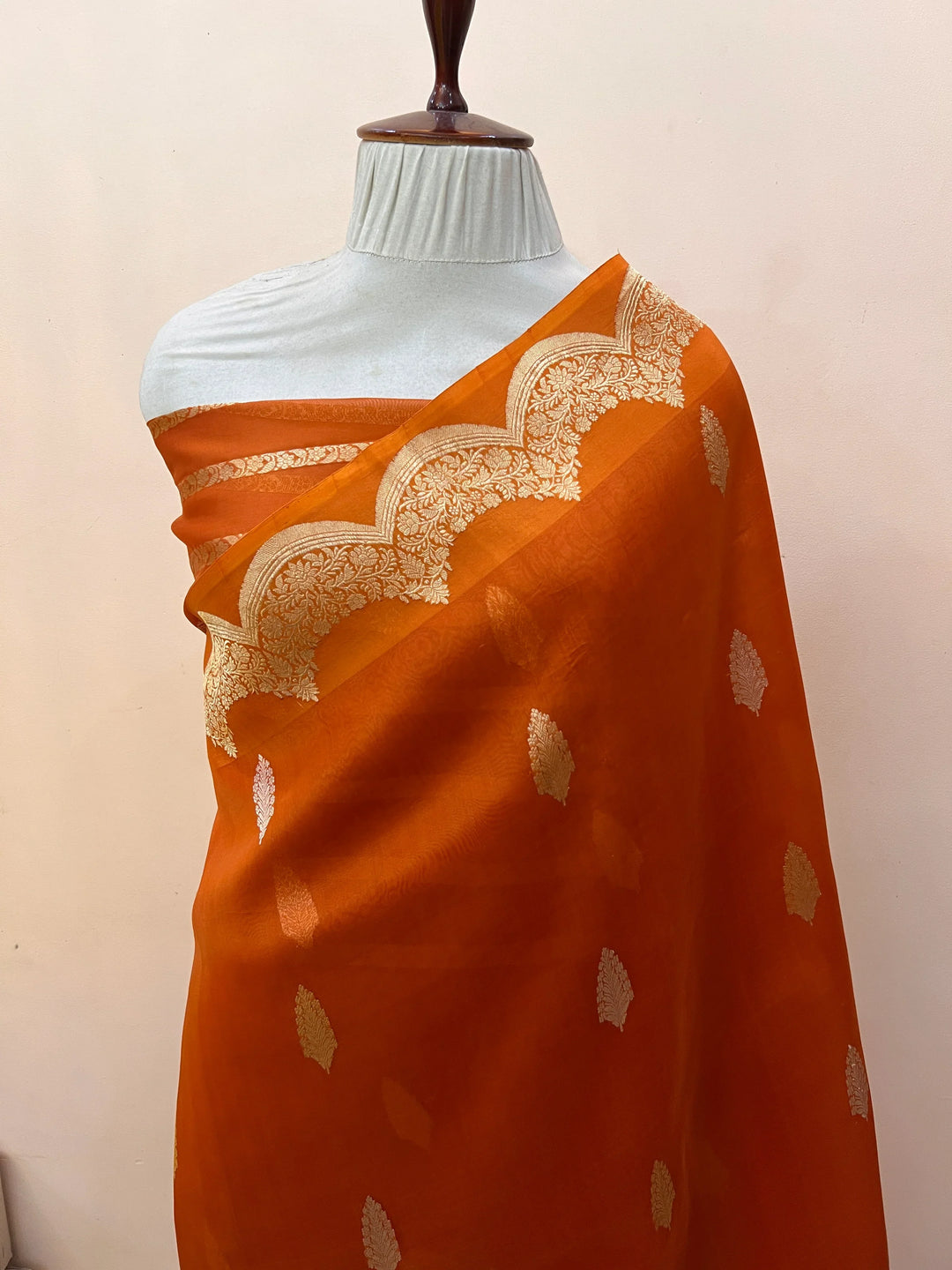 Orange Pure Kora Silk Handloom Banarasi Saree
