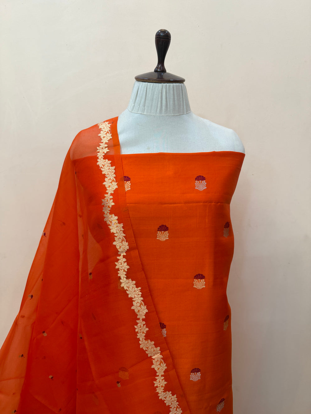 Orange Banarasi Katan Silk Unstitched Suit – 4 Pc Set