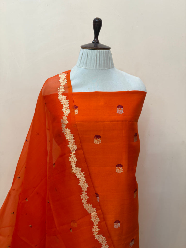 Orange Banarasi Katan Silk Unstitched Suit – 4 Pc Set