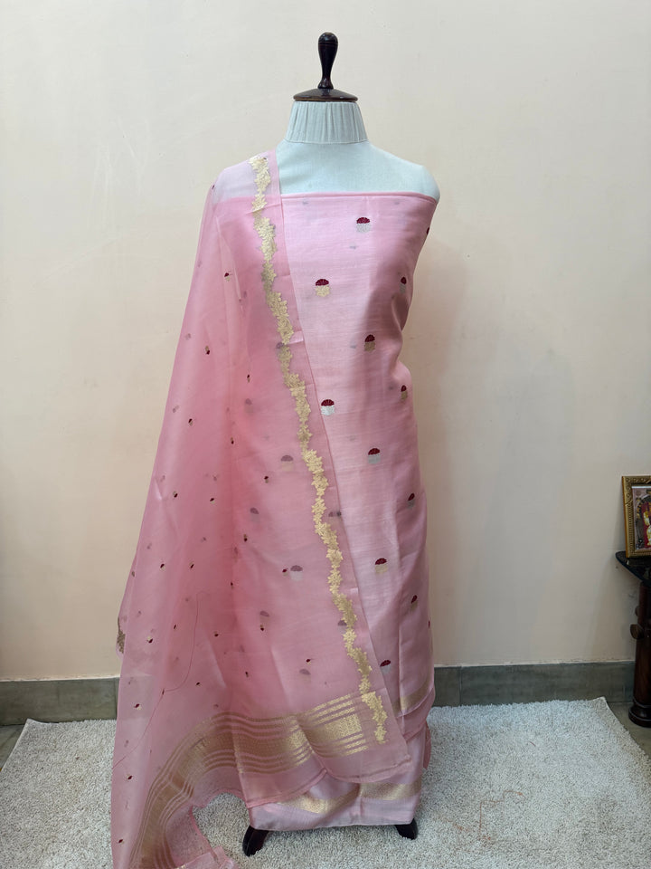 Baby Pink Banarasi Katan Silk Unstitched Suit – 4 Pc Set