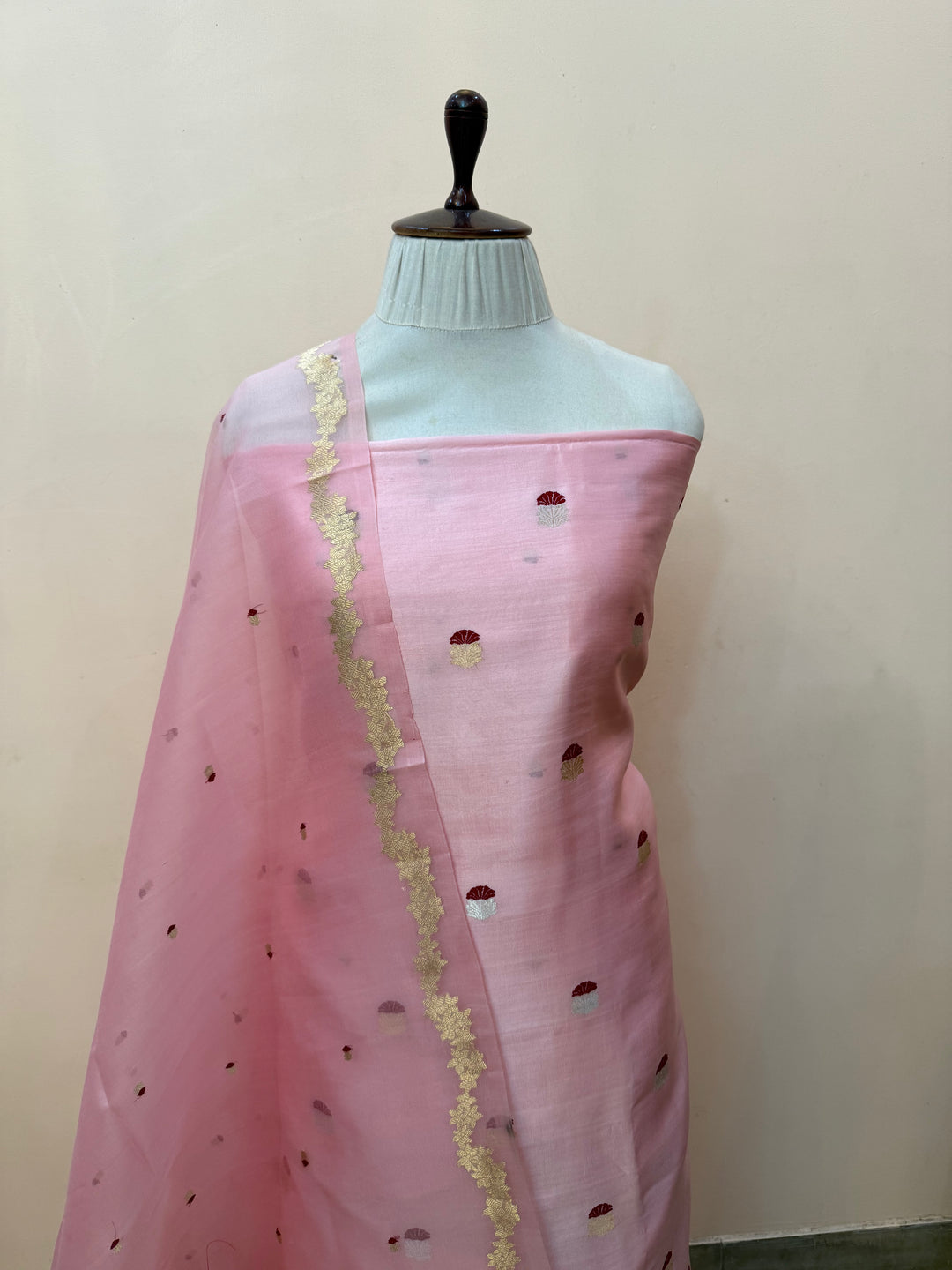 Baby Pink Banarasi Katan Silk Unstitched Suit – 4 Pc Set