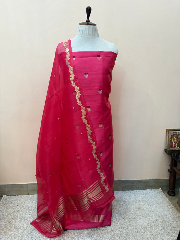 Rasberry Pink Banarasi Katan Silk Unstitched Suit – 4 Pc Set