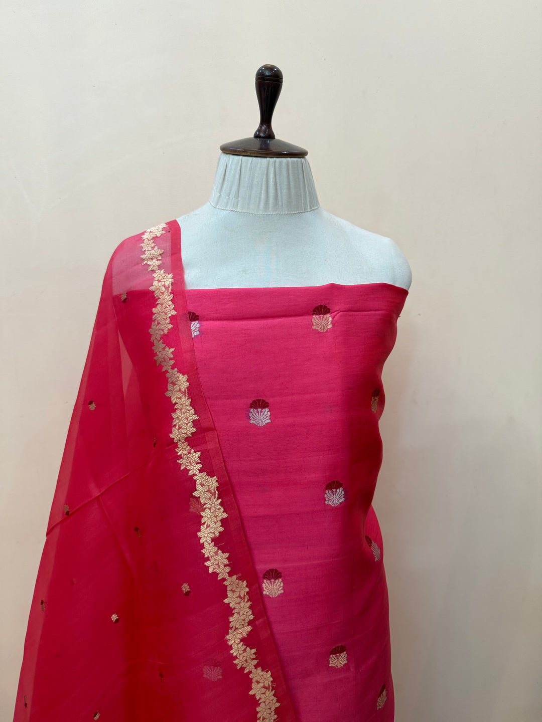 Rasberry Pink Banarasi Katan Silk Unstitched Suit – 4 Pc Set