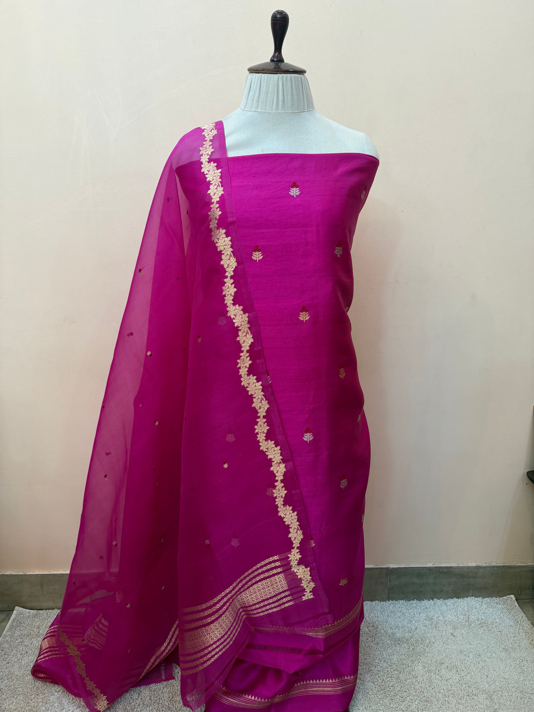 Rani Pink Banarasi Katan Silk Unstitched Suit – 4 Pc Set