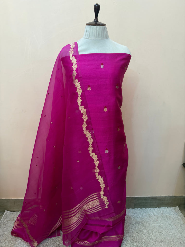 Rani Pink Banarasi Katan Silk Unstitched Suit – 4 Pc Set