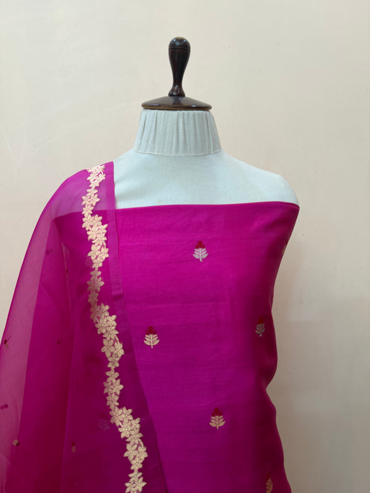 Rani Pink Banarasi Katan Silk Unstitched Suit – 4 Pc Set
