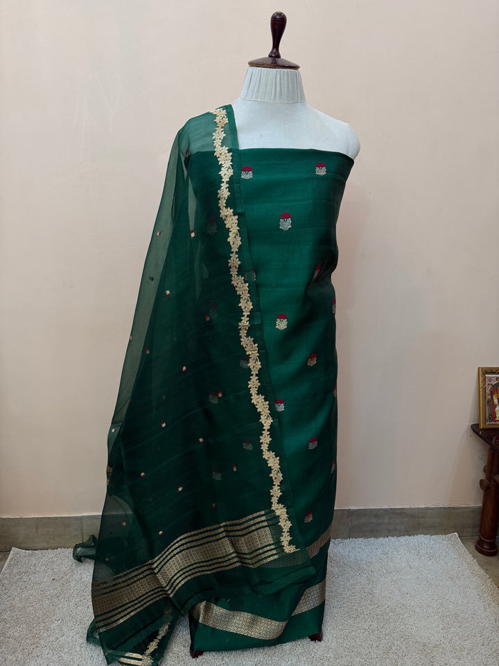 Bottle Green Banarasi Katan Silk Unstitched Suit – 4 Pc Set