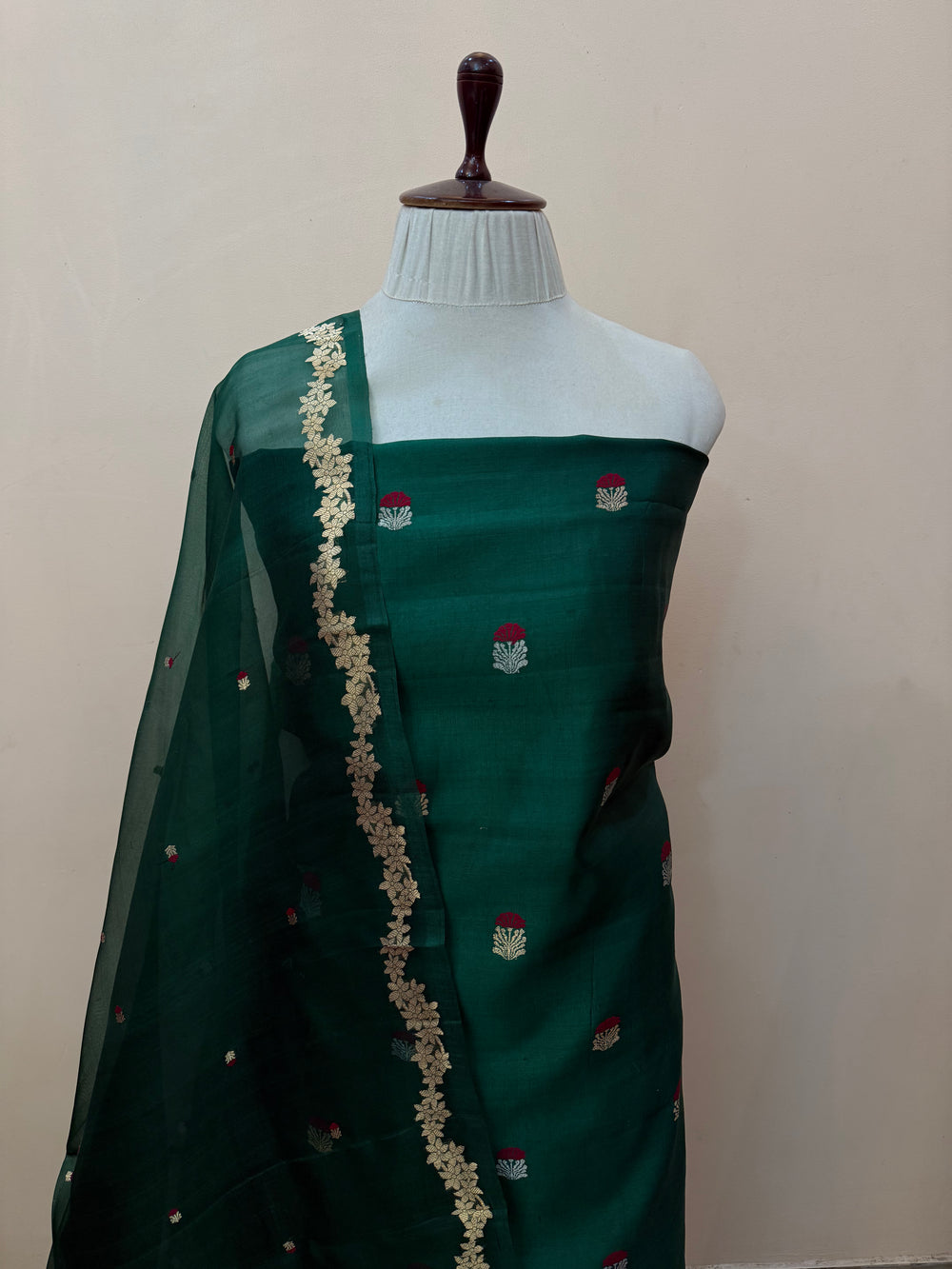 Bottle Green Banarasi Katan Silk Unstitched Suit – 4 Pc Set