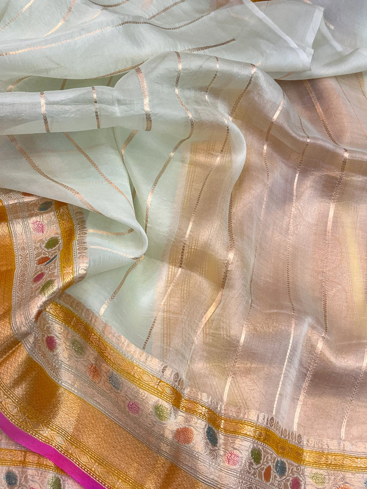 Pani Pista Green Pure Kora Silk Handloom Banarasi Saree