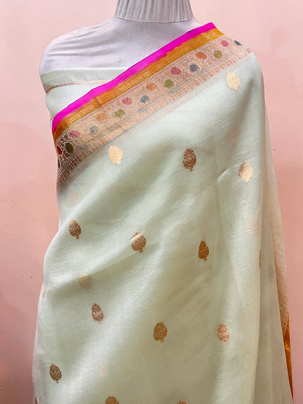 Pani Pista Green Pure Kora Silk Handloom Banarasi Saree