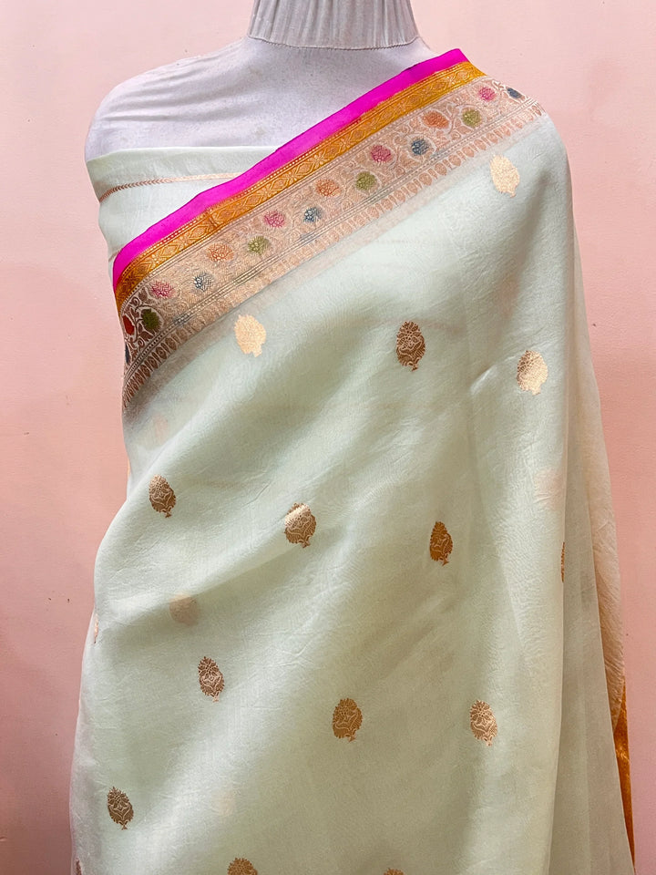 Pani Pista Green Pure Kora Silk Handloom Banarasi Saree