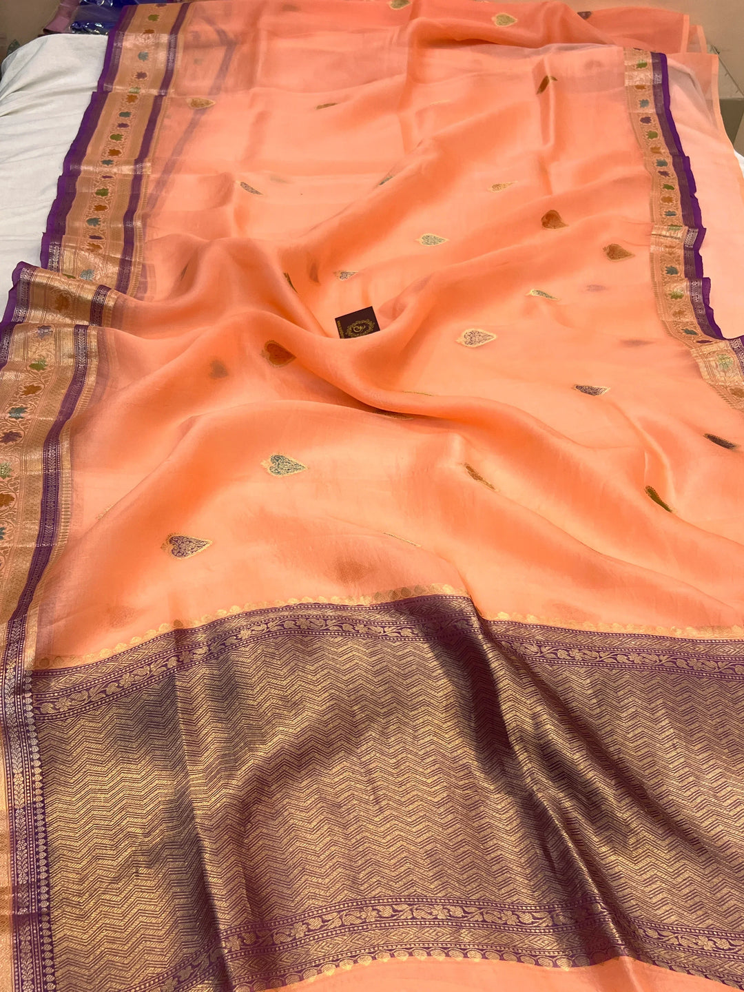 Peach Pure Kora Silk Handloom Banarasi Saree