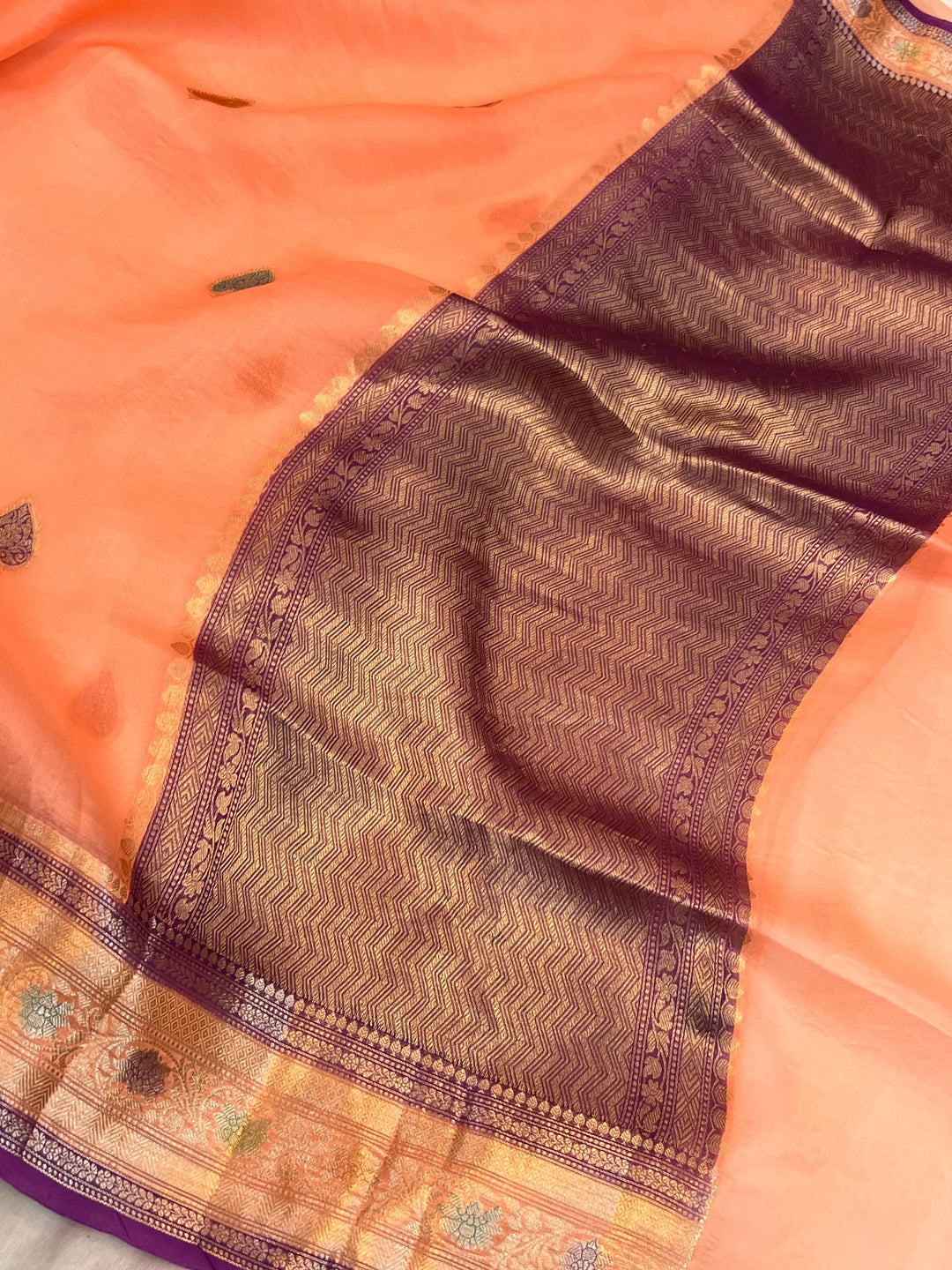 Peach Pure Kora Silk Handloom Banarasi Saree