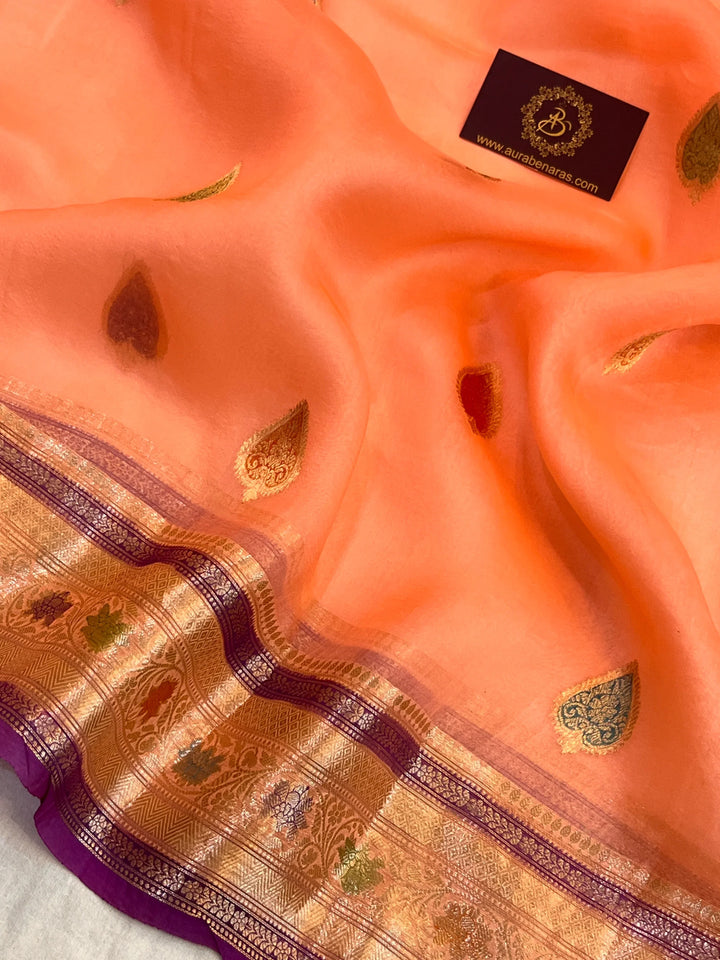 Peach Pure Kora Silk Handloom Banarasi Saree