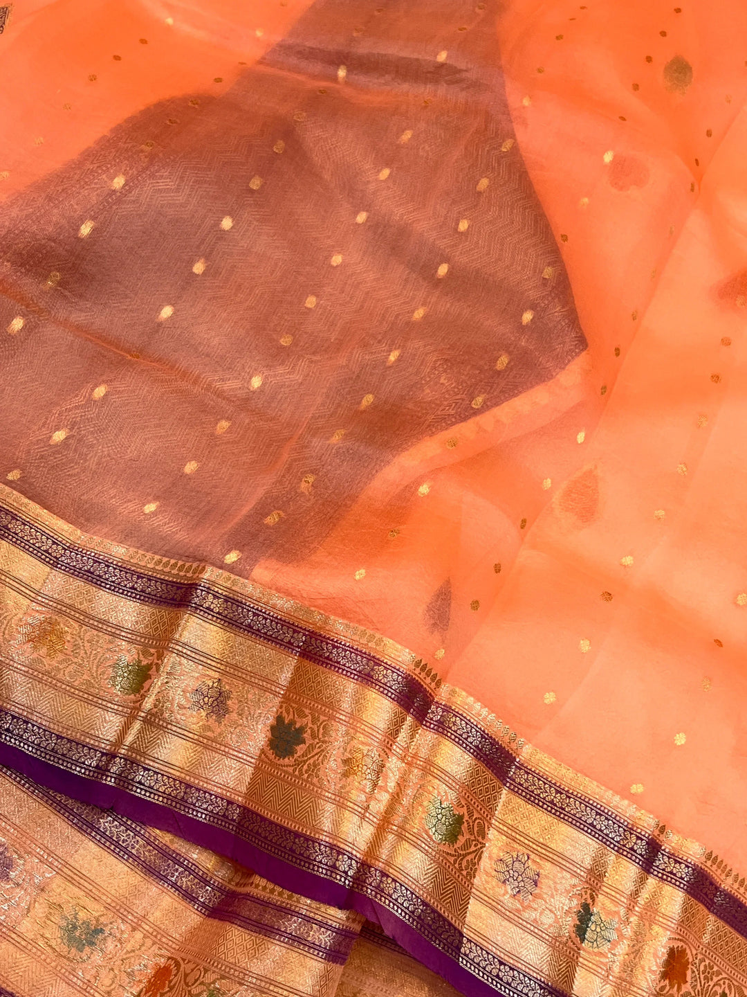 Peach Pure Kora Silk Handloom Banarasi Saree
